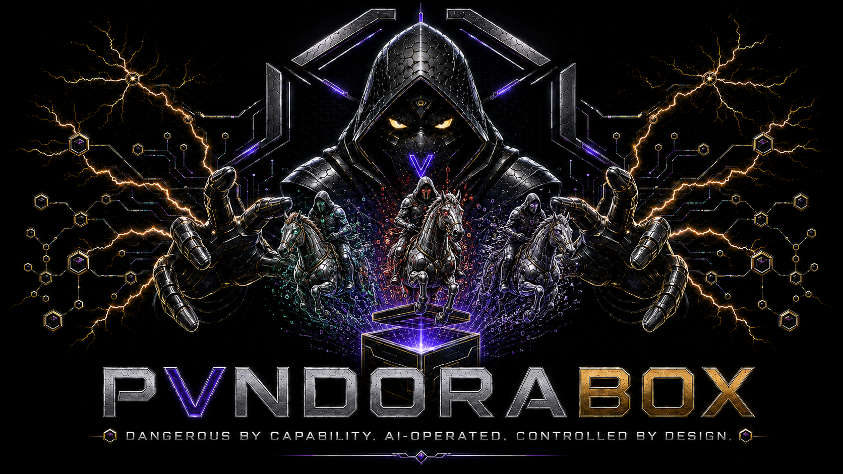 PANDORA BOX: тёмная фигура над тремя всадниками и открытым кубом, фиолетовые и золотые линии