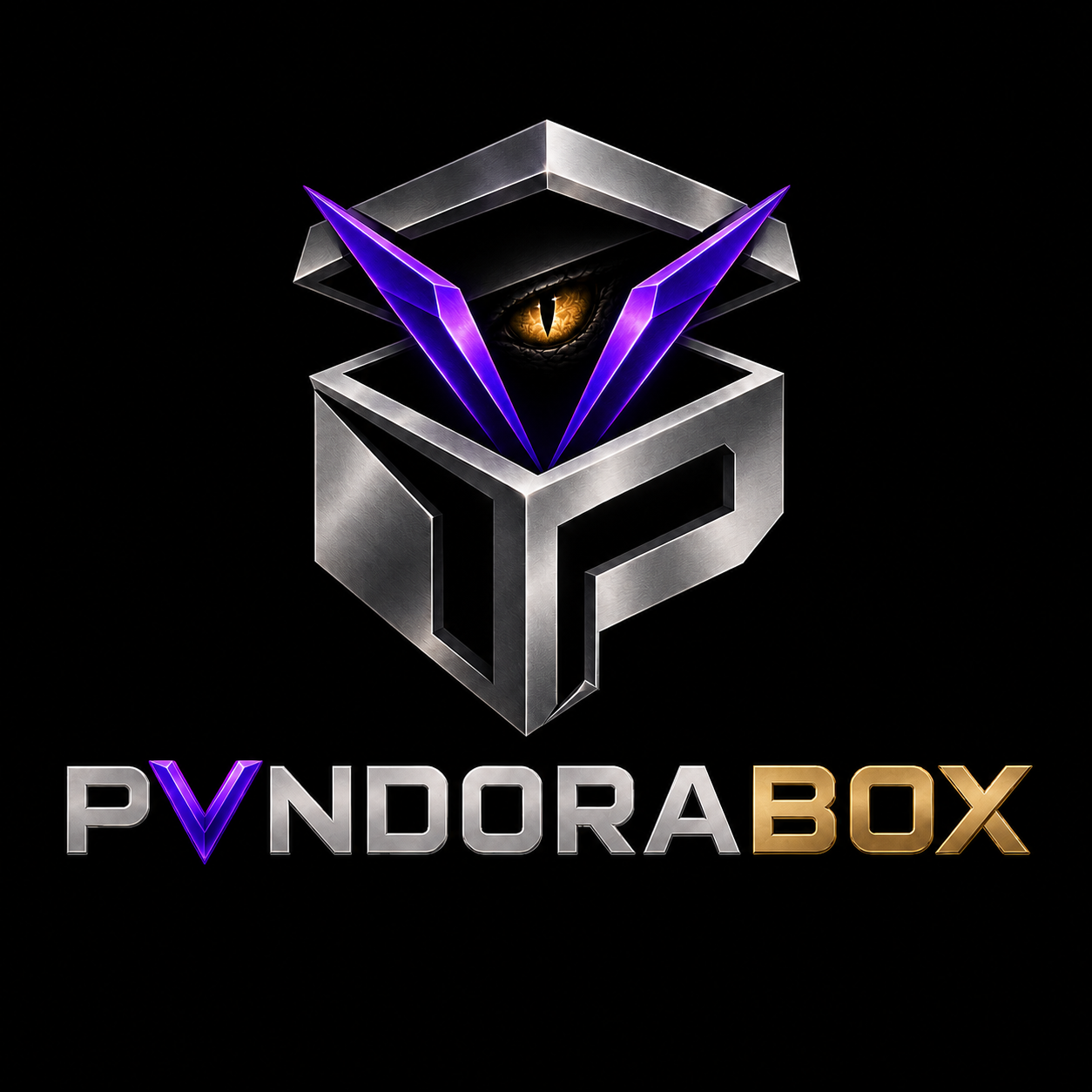 Эмблема PANDORA BOX: серебряный куб, фиолетовая V и золотой глаз